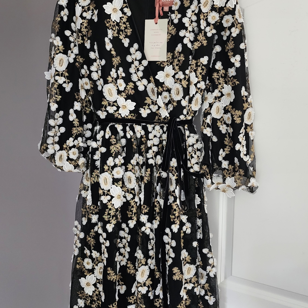 JessaKae Black Midi Dress with White and Gold Floral Embroidery